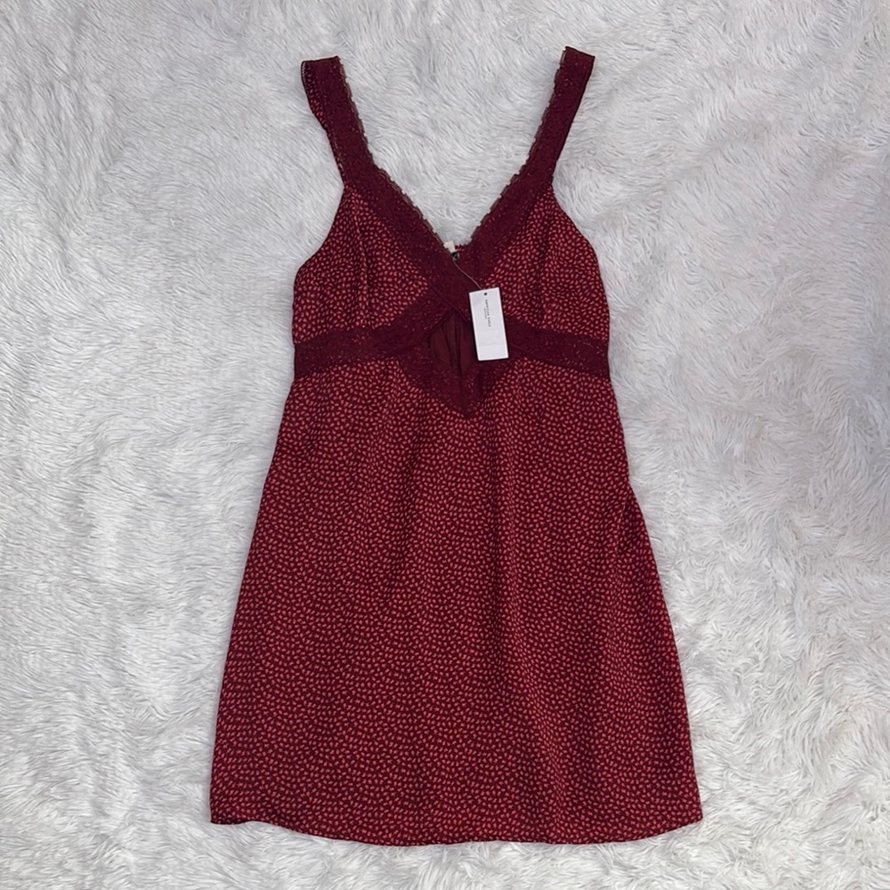 American Eagle Burgundy Silky Cut-out Printed Lace Mini Dress - Picture 4 of 10